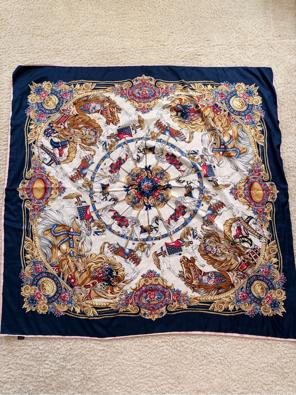 Vintage Large Silk Scarf • Carrousel Horse & Chain Print • 100% Silk